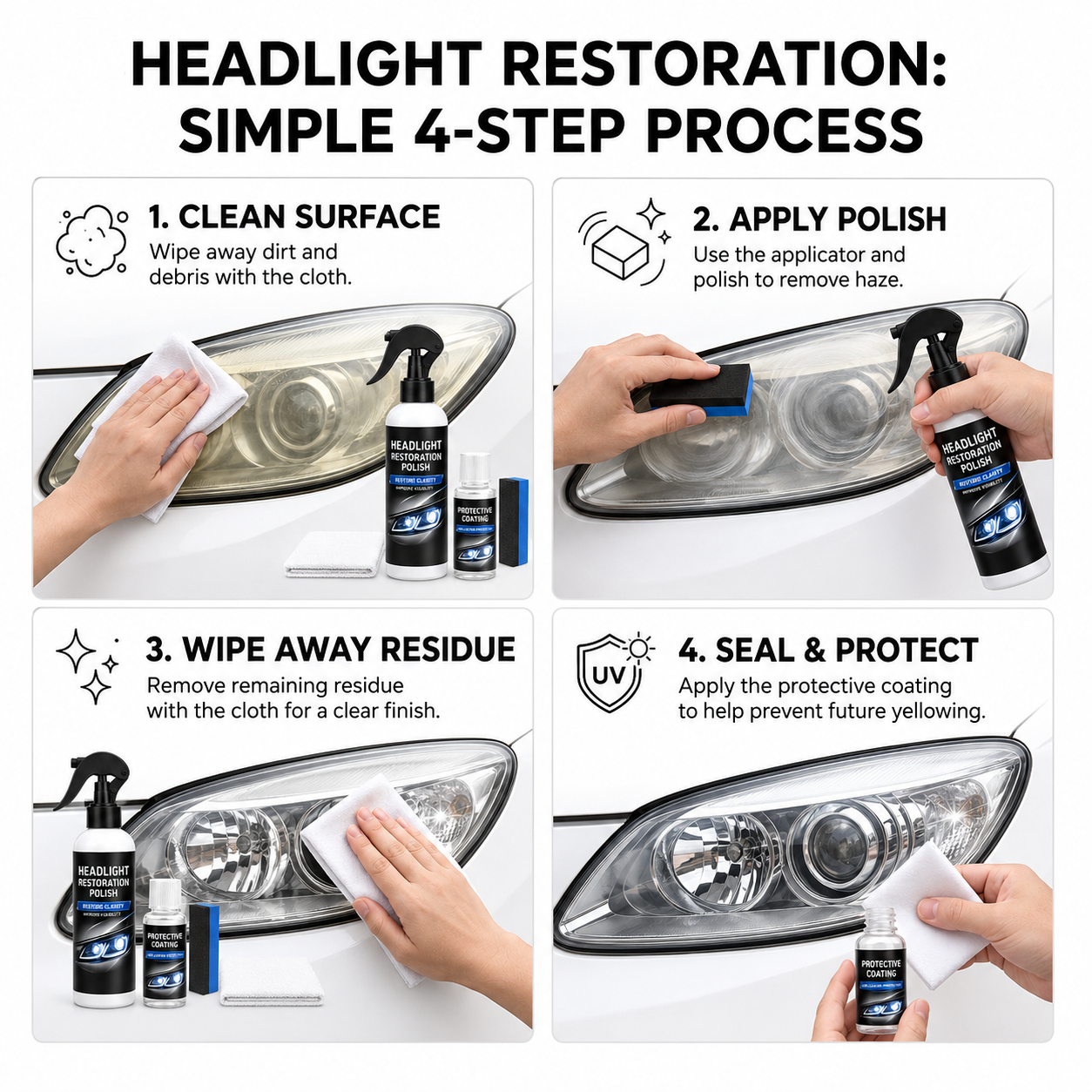 Automotive Headlamp Restoration Fluid - Car Detailing Products for Oxidized, Yellowed, Blurred Headlamps with Enhanced Crystalline Coating Refurbishing Function