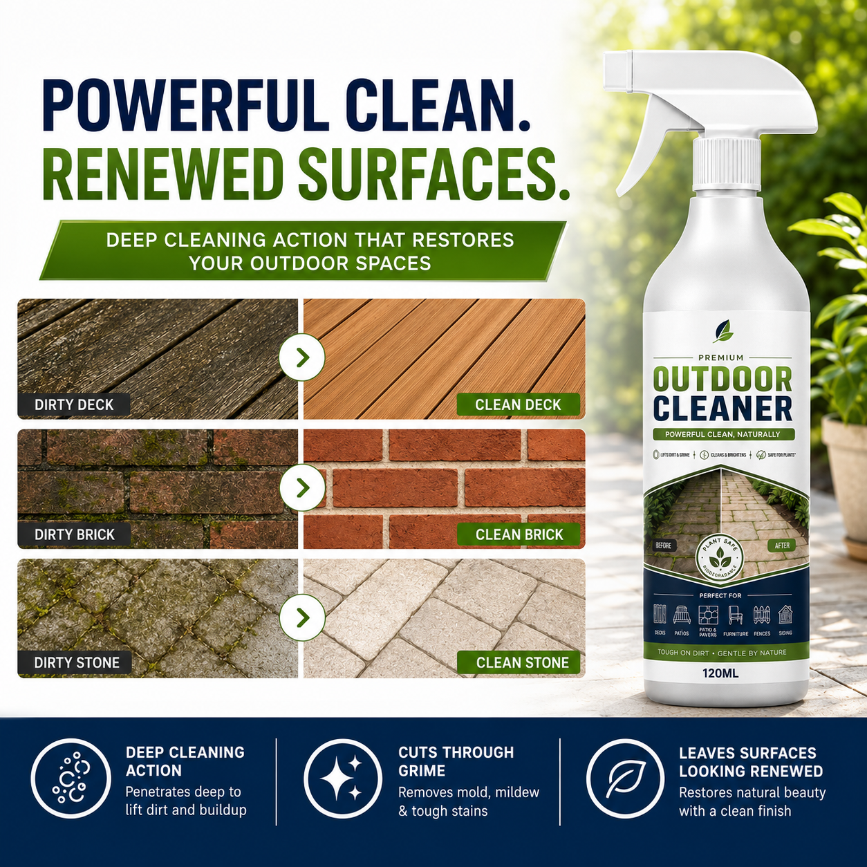Outdoor Surface Cleaner Spray, Fast Acting Stain Remover for Patio, Wooden Furniture & Outdoor Surfaces