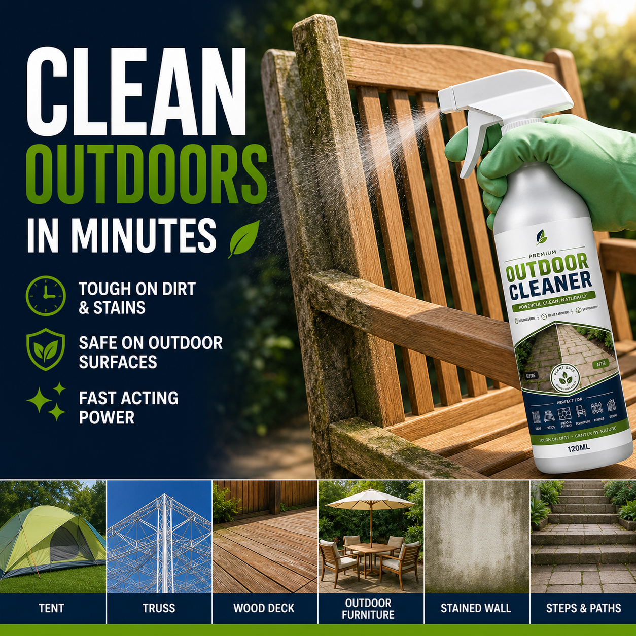 Outdoor Cleaner spray application on wooden outdoor furniture