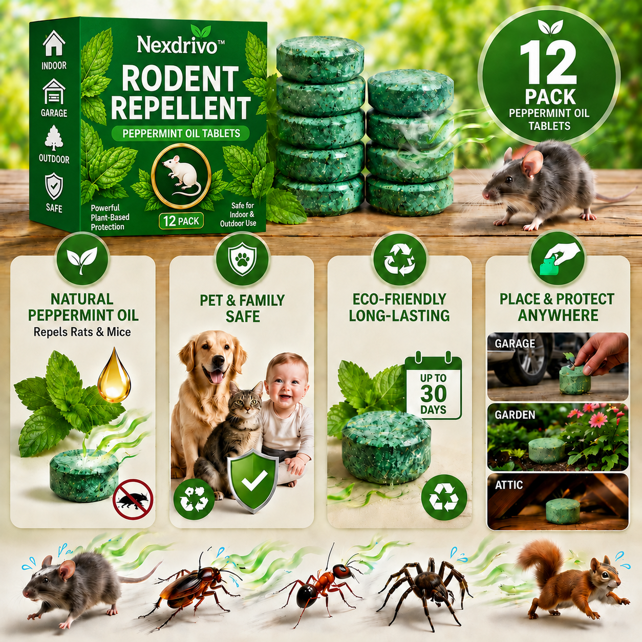 💥LAST DAY SALE 50%OFF💥🟢 Natural Peppermint Rodent Repellent Tablets – 12 Pack