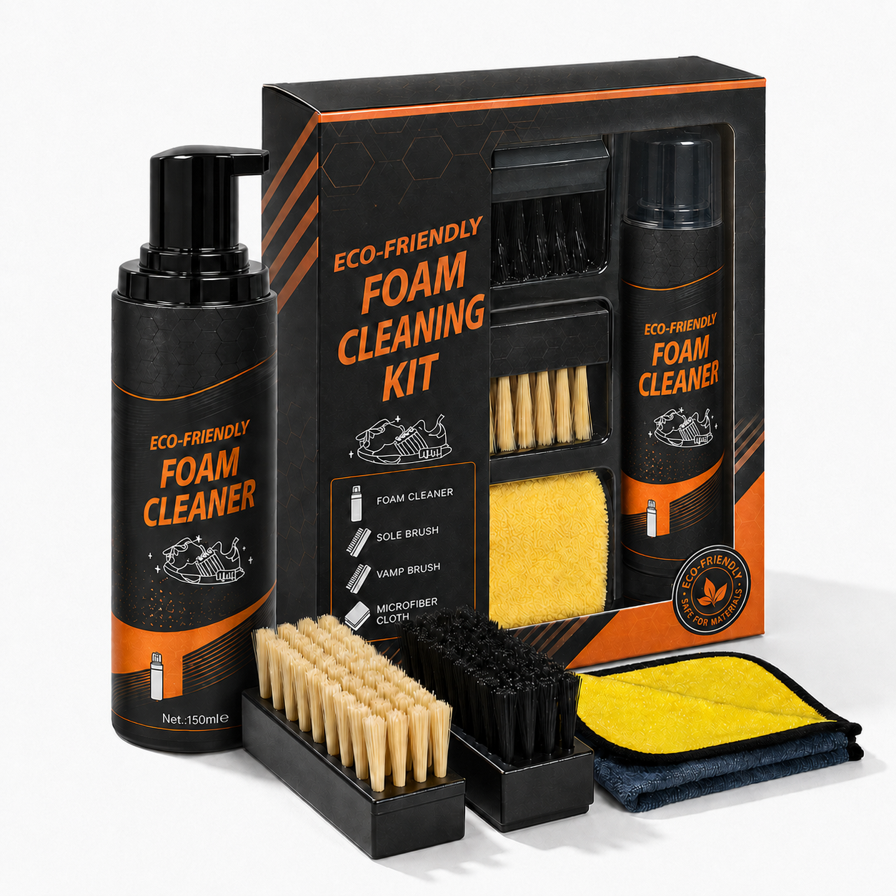 Eco-Friendly Foam Cleaning Kit Safe for All Shoes Easy to Use at Home with 150ml Cleaner and Brushes