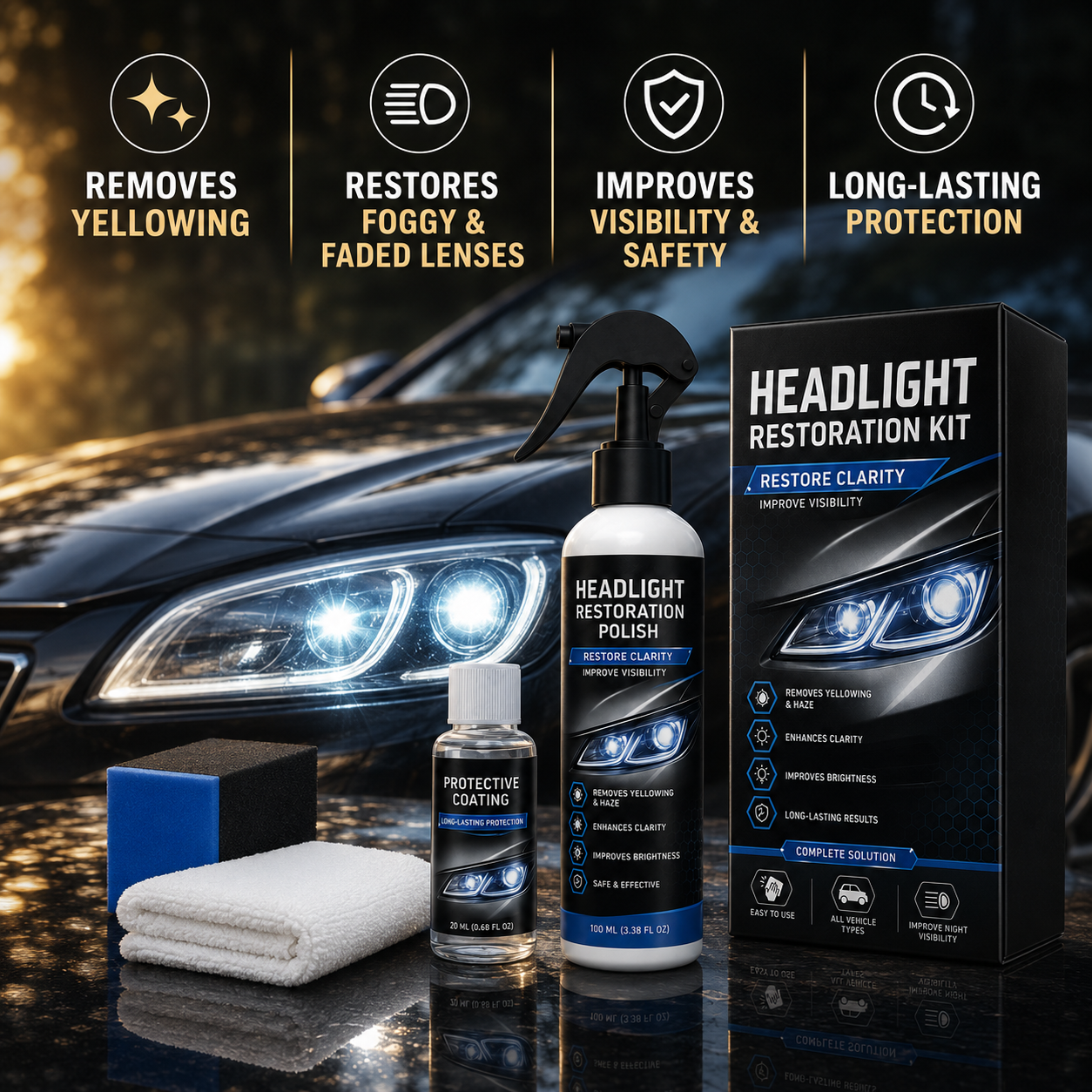 Automotive Headlamp Restoration Fluid - Car Detailing Products for Oxidized, Yellowed, Blurred Headlamps with Enhanced Crystalline Coating Refurbishing Function