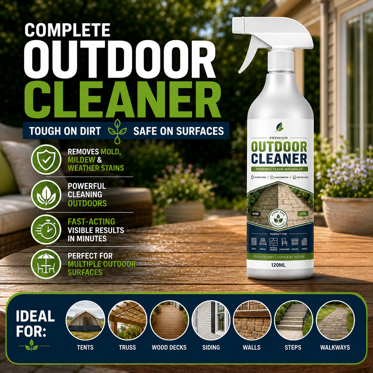 Outdoor Surface Cleaner Spray, Fast Acting Stain Remover for Patio, Wooden Furniture & Outdoor Surfaces