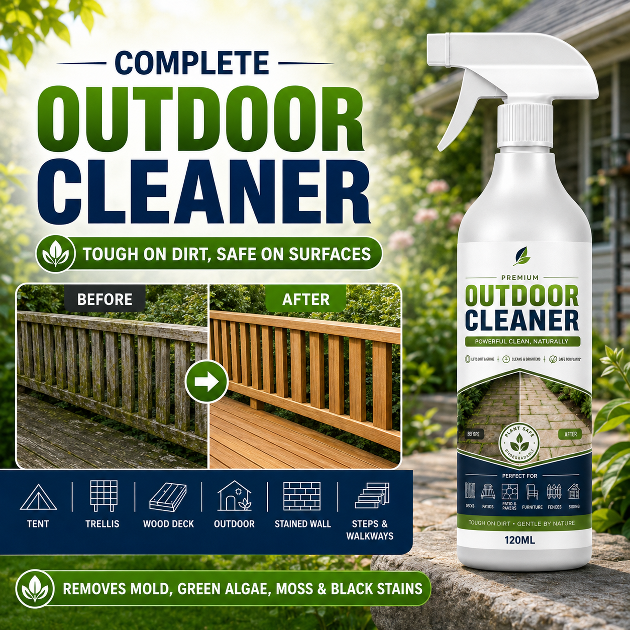 Outdoor Surface Cleaner Spray, Fast Acting Stain Remover for Patio, Wooden Furniture & Outdoor Surfaces