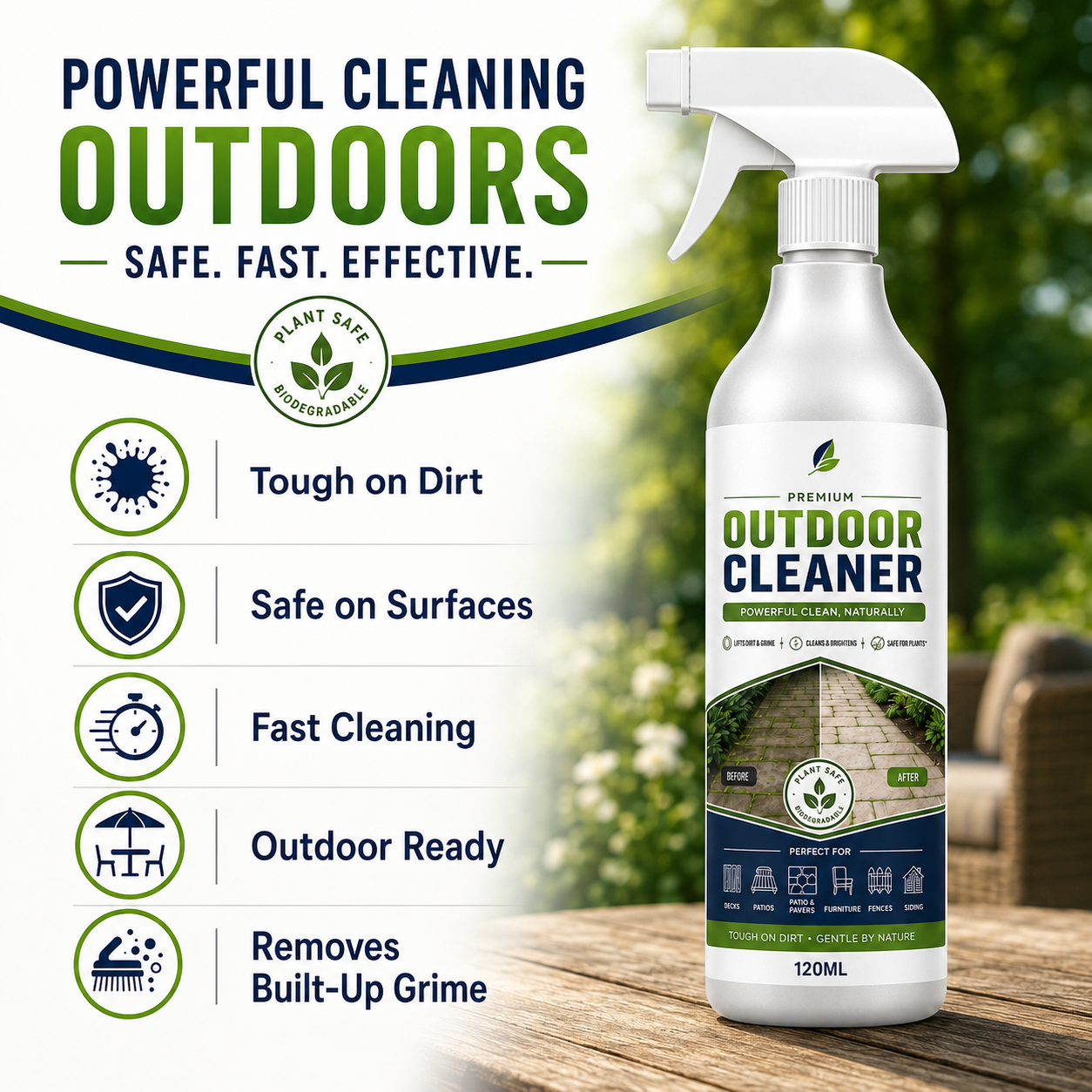 Outdoor Cleaner key product benefits and 120ML spray bottle