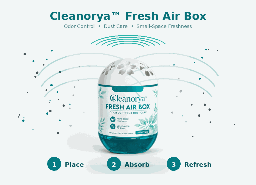Cleanorya Fresh Air Box GIF showing magical freshness, odor care, and dust care effect